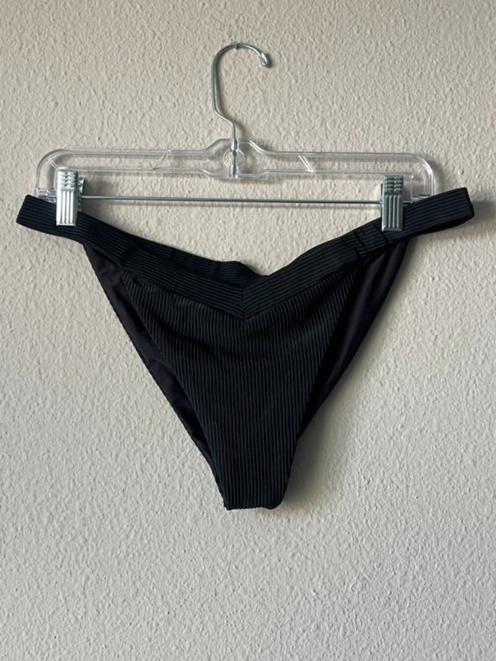 FRANKIES BIKINIS Black Ribbed Cheeky V-Front Bikini Bottom Size XL